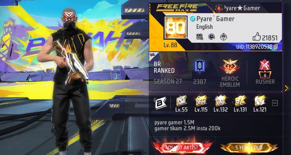 Pyare Gamer की Free Fire MAX ID, स्टैट्स और अन्य जानकारी