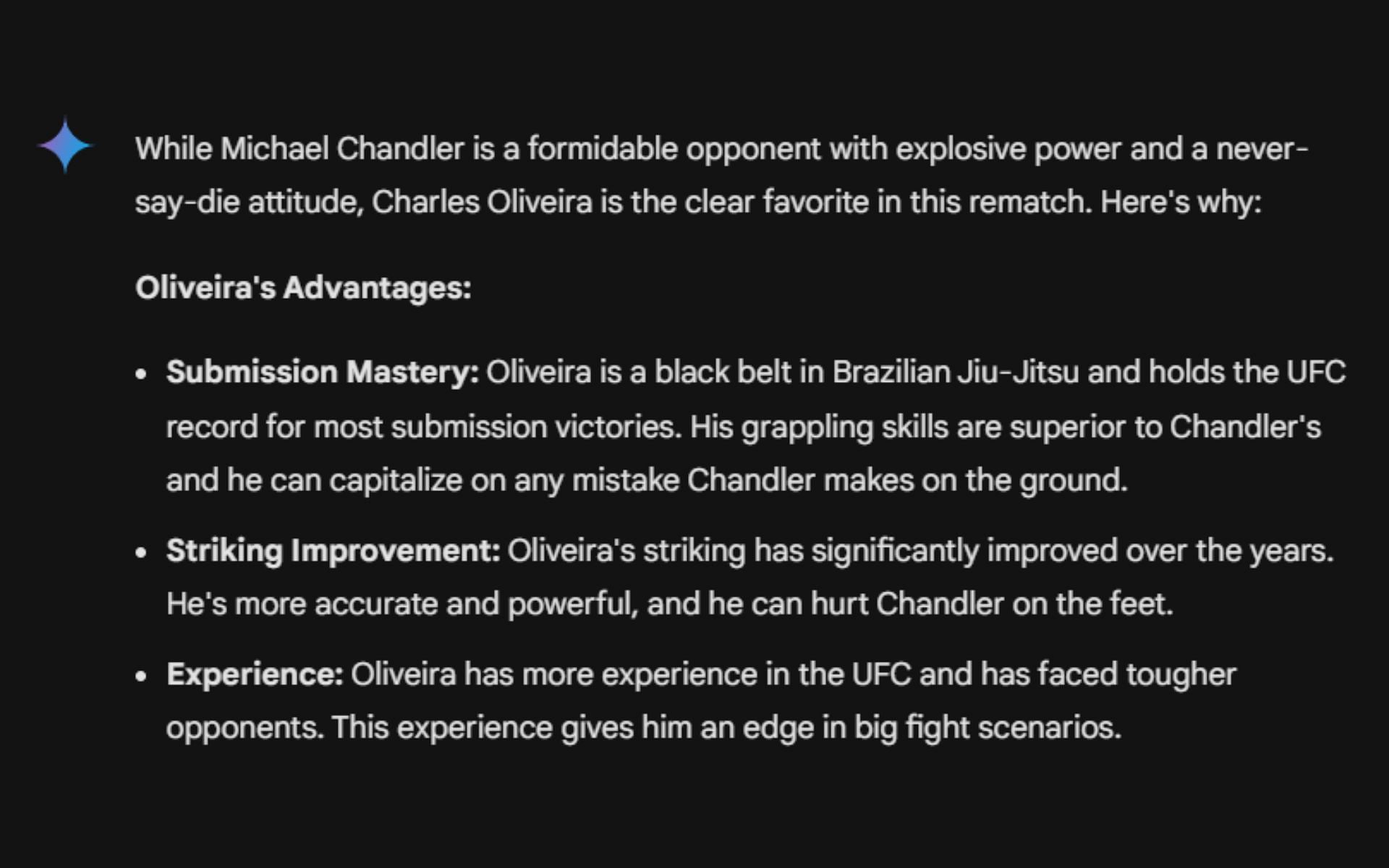 Screenshot of Google&#039;s AI prediction for Charles Oliveira vs. Michael Chandler