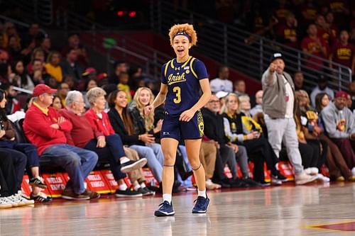 Hannah Hidalgo in action while pulling off a major upset on USC Trojans. (COLLEGE BASKETBALL: NOV 23 Women's - Notre Dame at USC - Source: Getty)