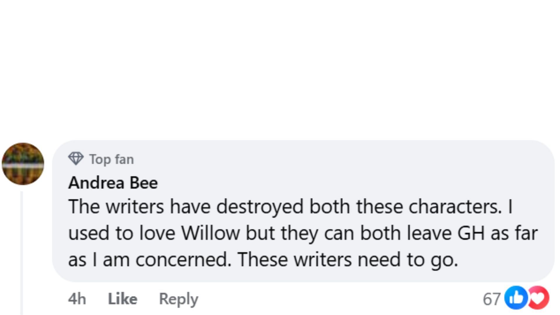 A fan commented on the characterization of Drew and Willow (Image via Facebook/General Hospital)