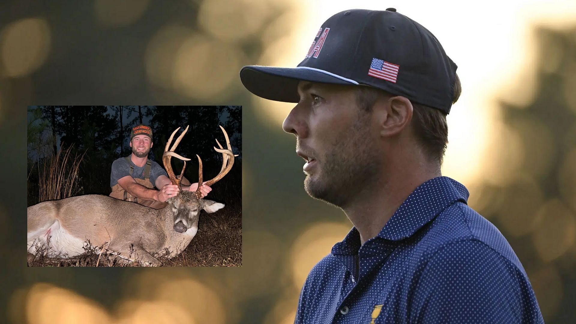 Sam Burns goes hunting donning a camouflage MAGA hat (Images via Getty and @samburns66/Instagram)