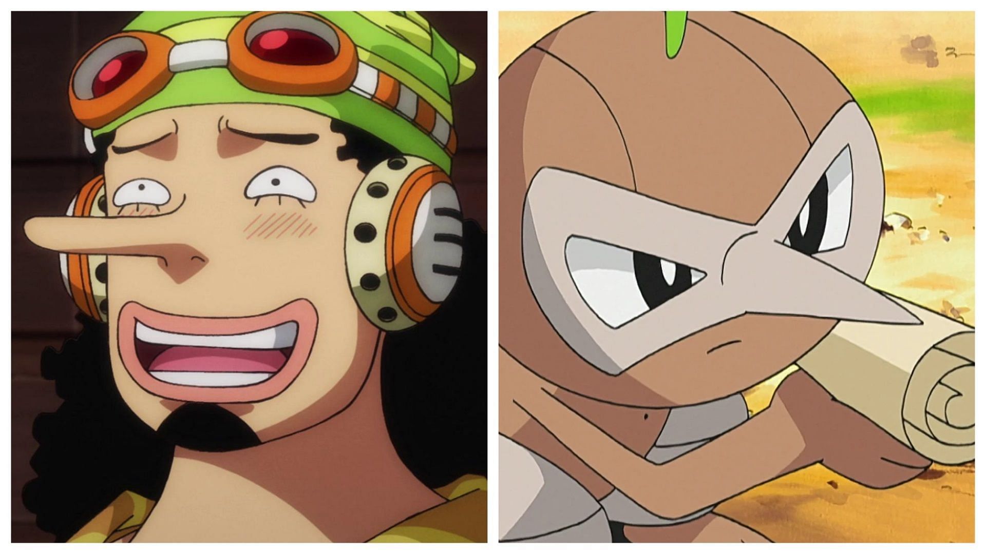 Usopp in One Piece and Nuzleaf in Pok&eacute;mon (Image via Toei Animation/The Pok&eacute;mon Company)