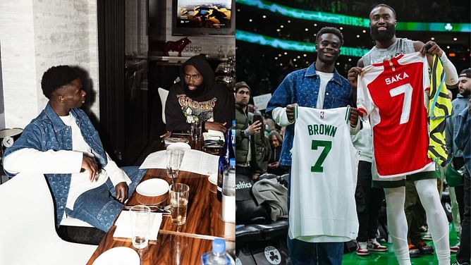 PHOTO: Jaylen Brown shares snap with $40,560,000 Arsenal soccer player following their earlier jersey swap in NBA game