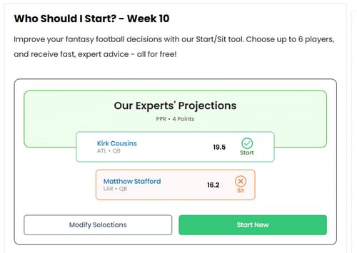 Sportskeeda's tool suggests starting Kirk Cousins