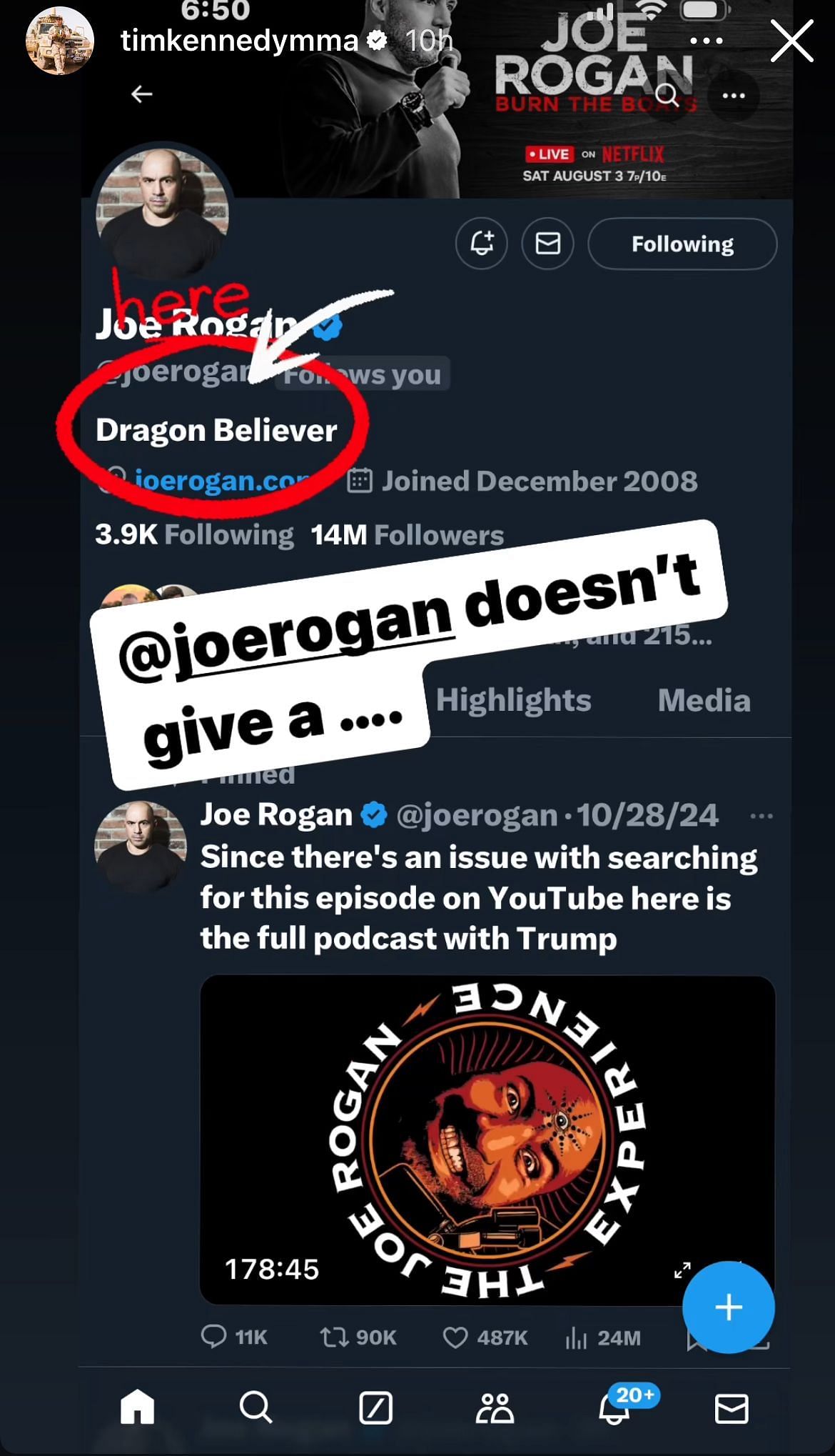 A screenshot of Tim Kennedy&#039;s Instagram story about Joe Rogan