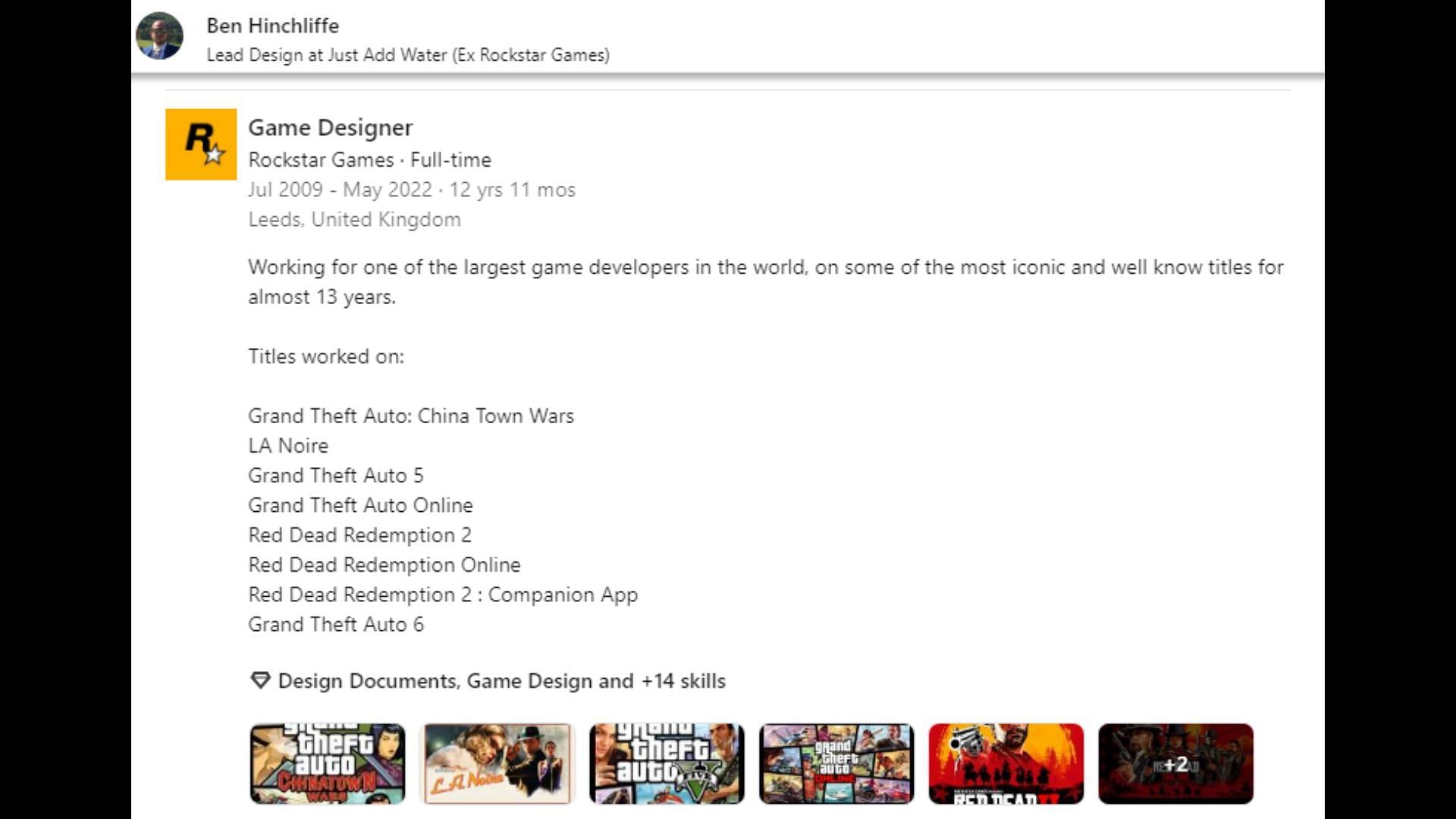 Titles Ben Hinchliffe worked on at Rockstar Games (Image via LinkedIn)