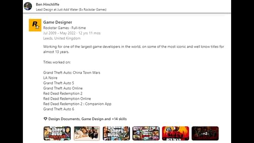 Titles Ben Hinchliffe worked on at Rockstar Games (Image via LinkedIn)