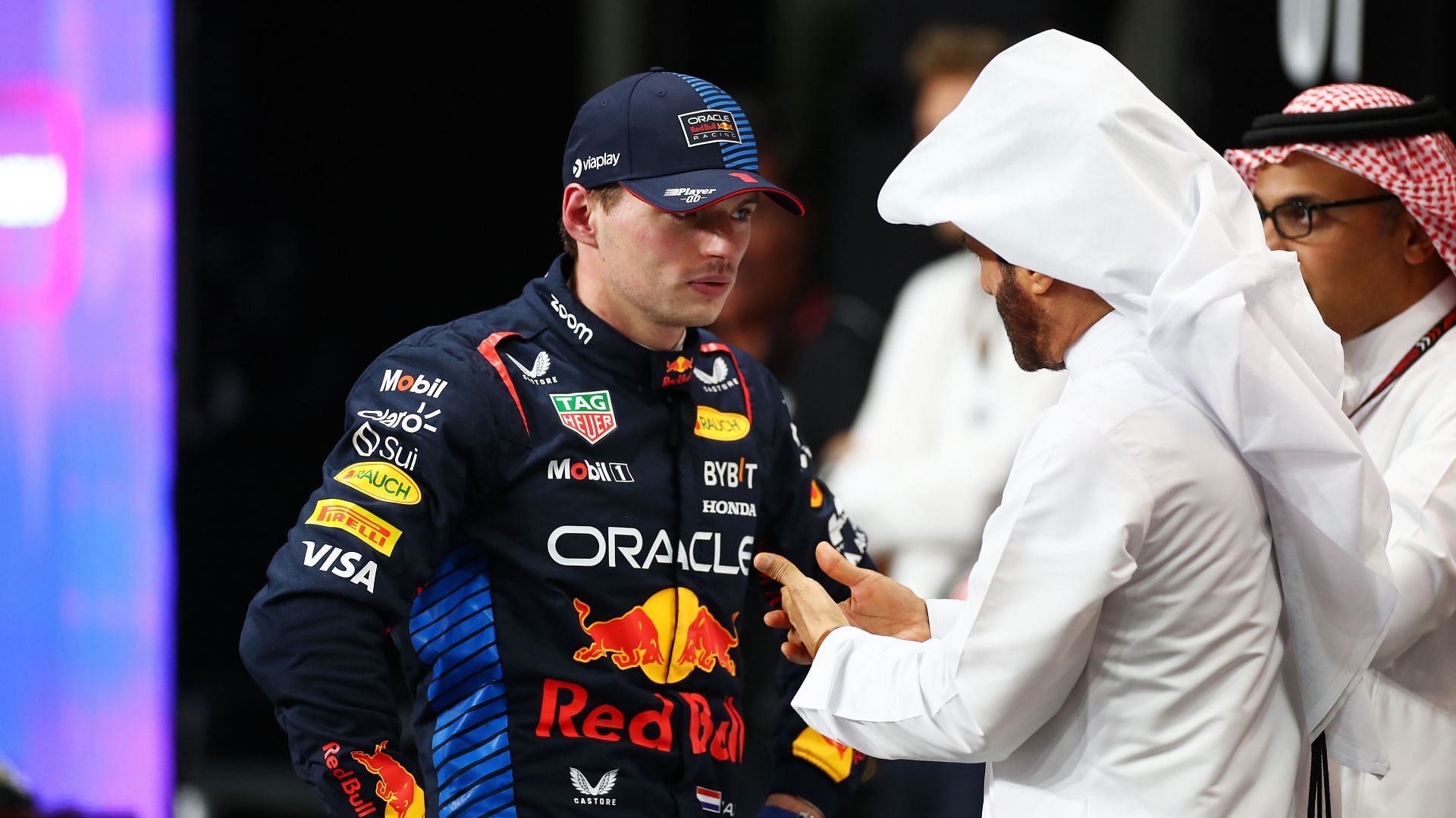 Max Verstappen of the Netherlands and Oracle Red Bull Racing talks with Mohammed ben Sulayem, FIA President - Source: Getty Images