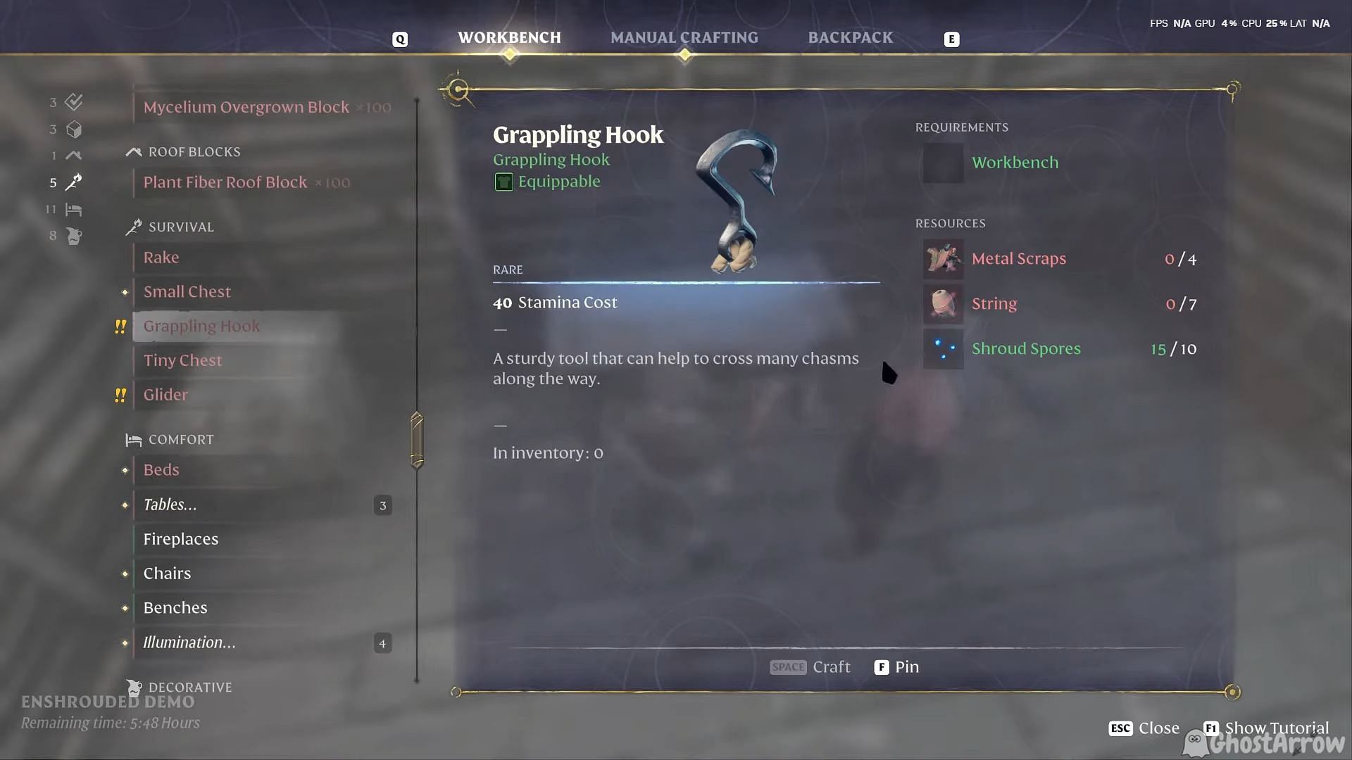 You need Shroud Spores to craft items like the Grappling Hook (Image via Keen Games || YouTube/@GhostArrow)