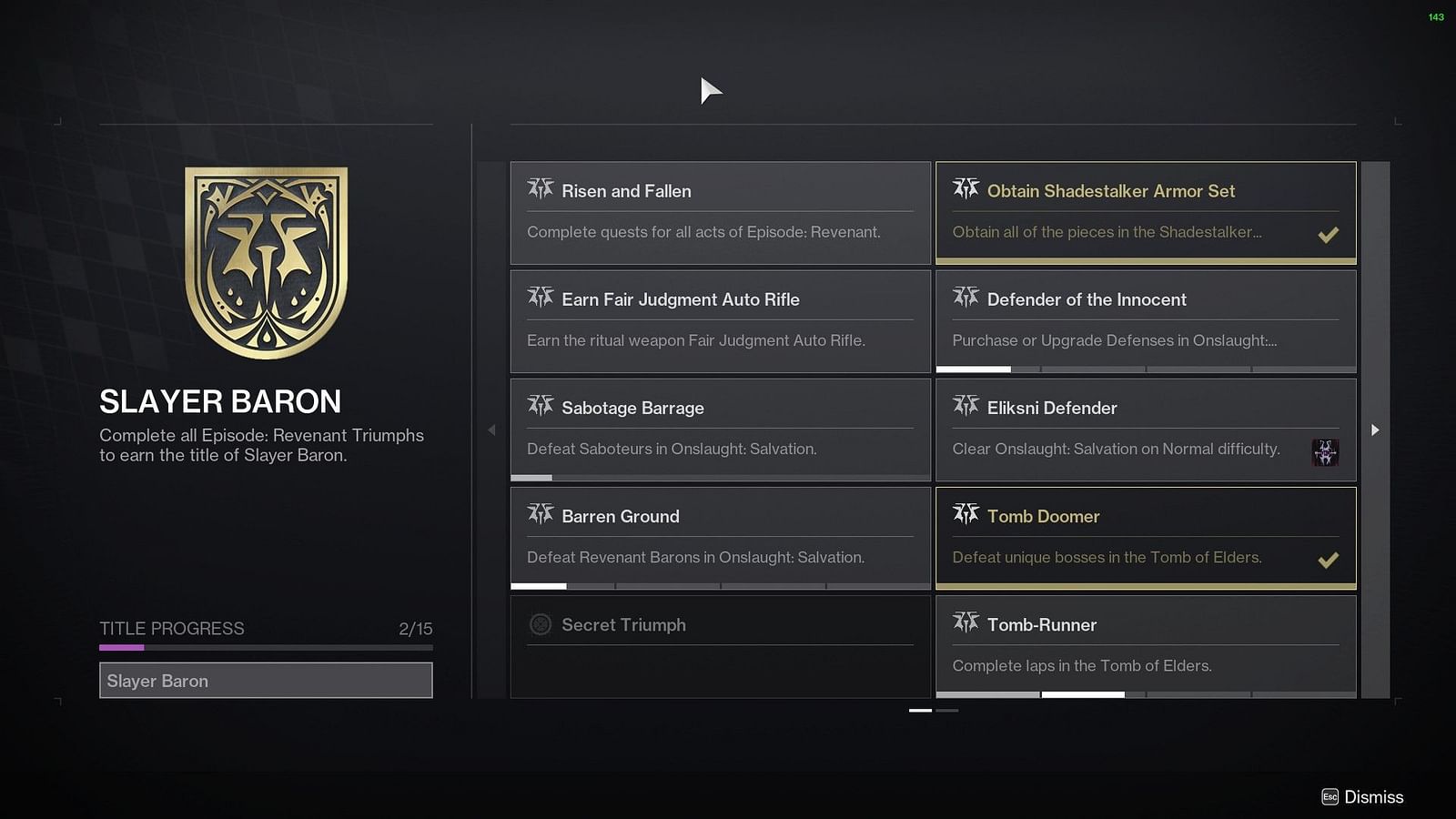 All available triumphs for the Slayer Baron seal in Destiny 2