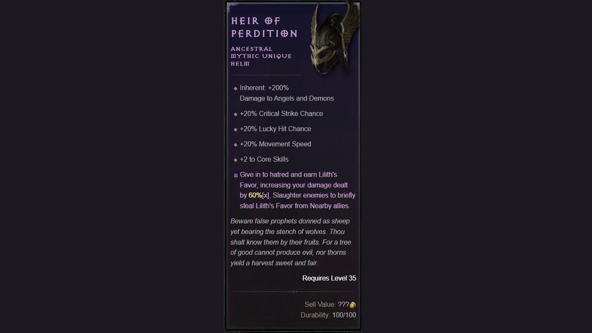 In-game description of the helm (Image via Blizzard)