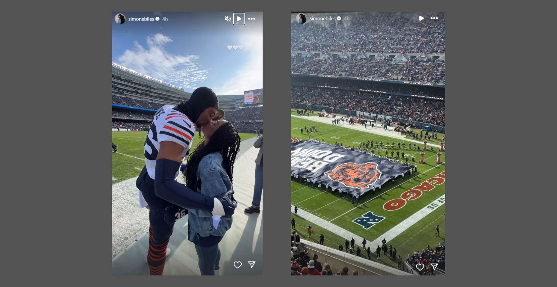 Jonathan Owens and wife Simone Biles share a kiss on the sidelines ahead of Bears vs Vikings (Image Source: instagram.com/simonebiles)