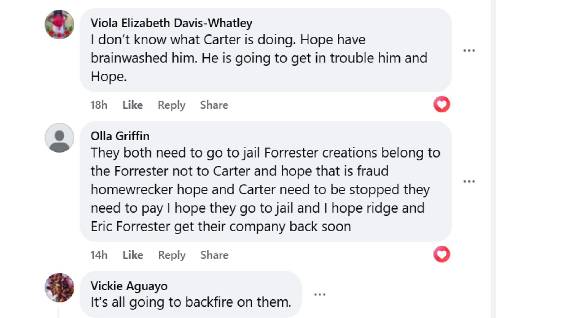 Fan responses against Carter&#039;s actions (Image via Facebook/The Bold and the Beautiful/Elizabeth Cook)