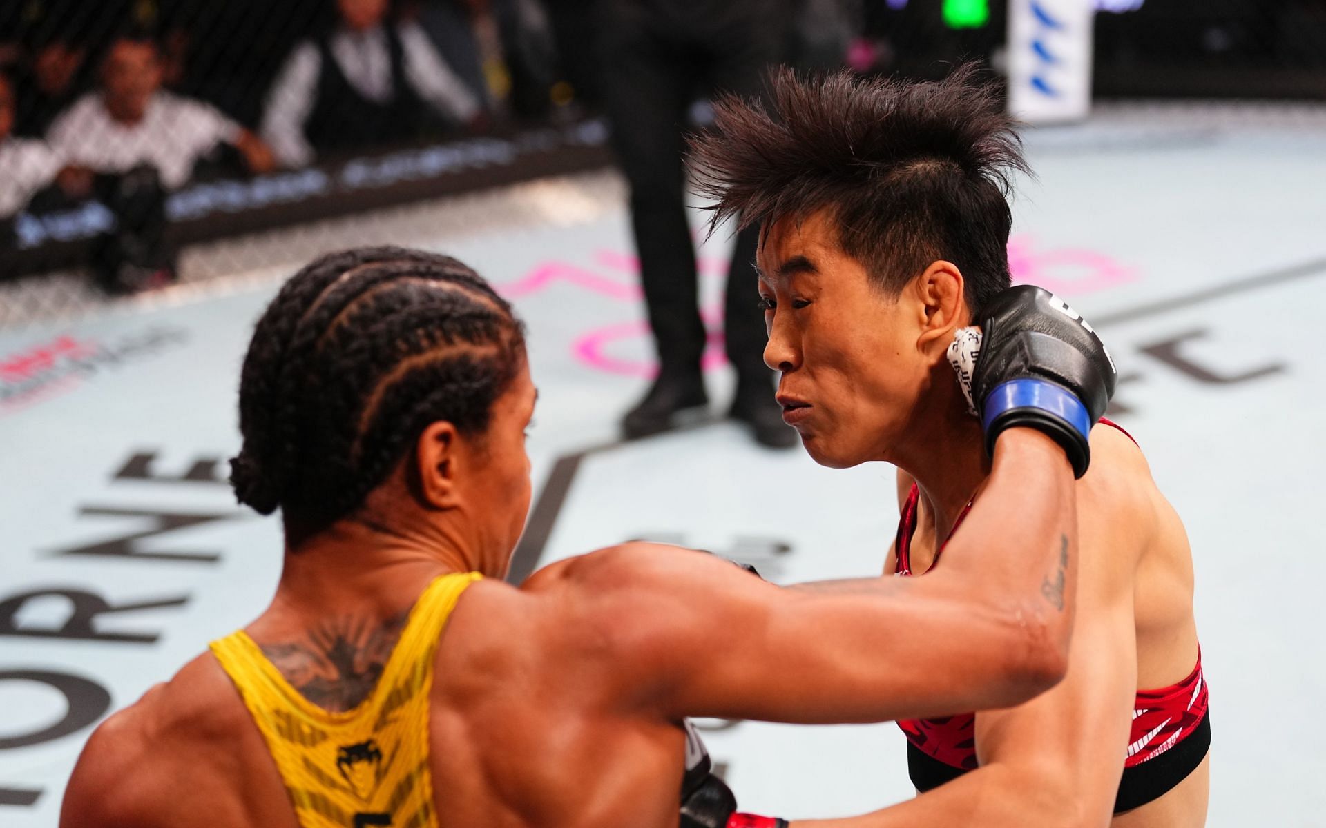 Gabriella Fernandes (left) delivered a massive upset against Wang Cong (right) at UFC Macau. [Image courtesy: @ufc on X]