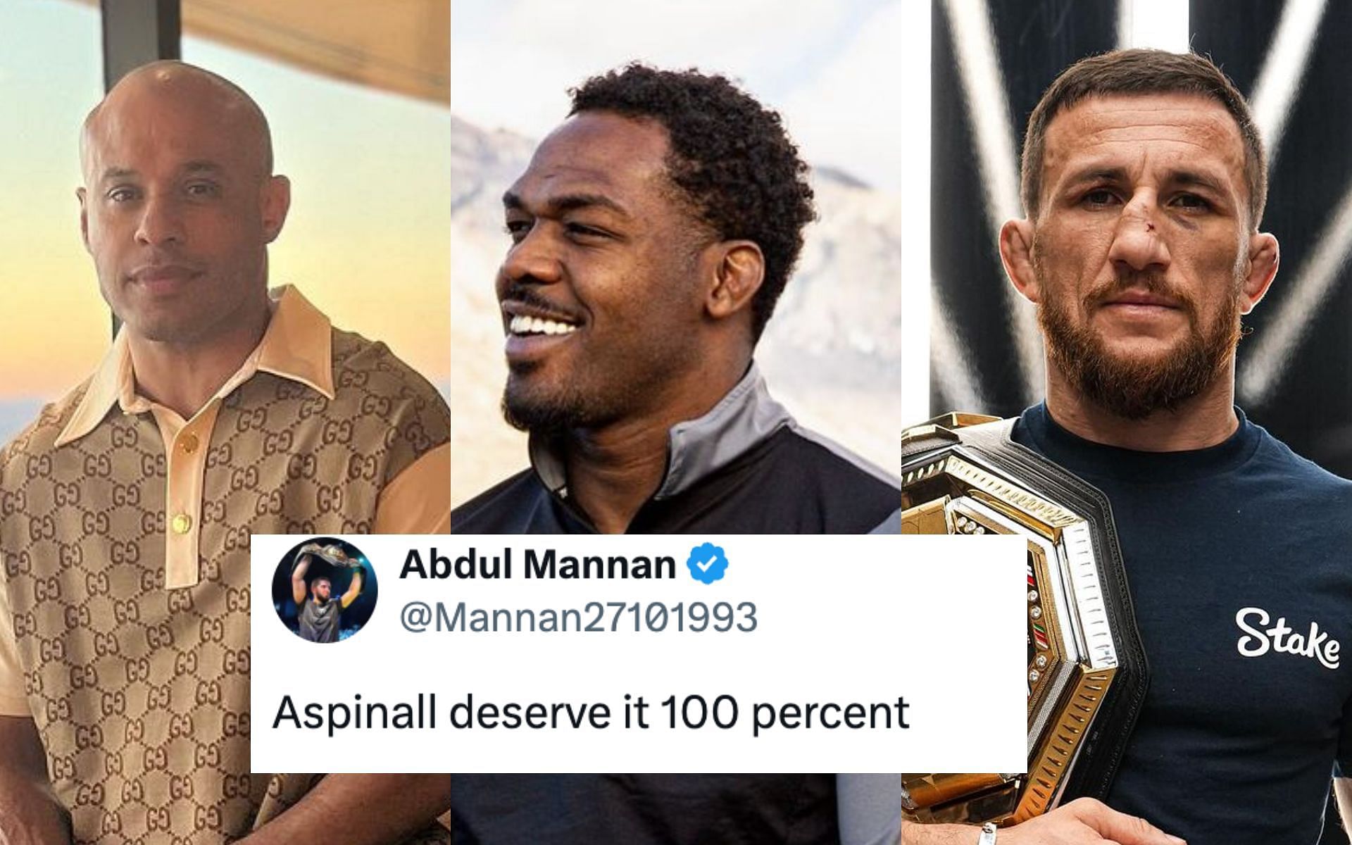 Ali Abdelaziz (left) appears to call out Jon Jones (middle) and Merab Dvalishvili (right) for ducking top contenders. [Image courtesy: @jonnybones, @merab.dvalishvili and @liabdelaziz on Instagram]