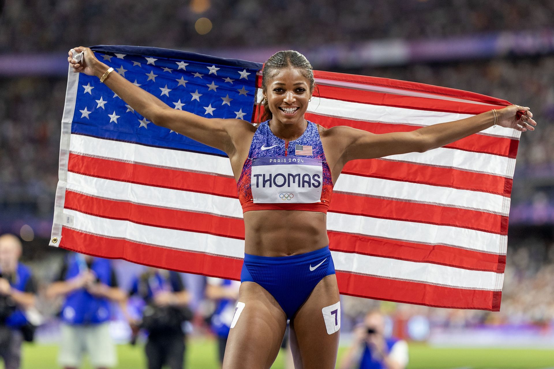 Gabby Thomas of the United States celebrates after winning the gold medal in the Women&#039;s 200m Final during the 2024 Summer Olympic Games in Paris, France. (Photo via Getty Images)