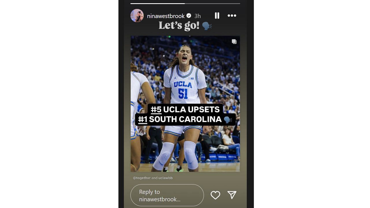 Russell Westbrook&#039;s wife, Nina Westbrook, reacts to UCLA&#039; 77-62 over South Carolina in women&#039;s college basketball on Sunday. [photo: @ninawestbrook/IG]