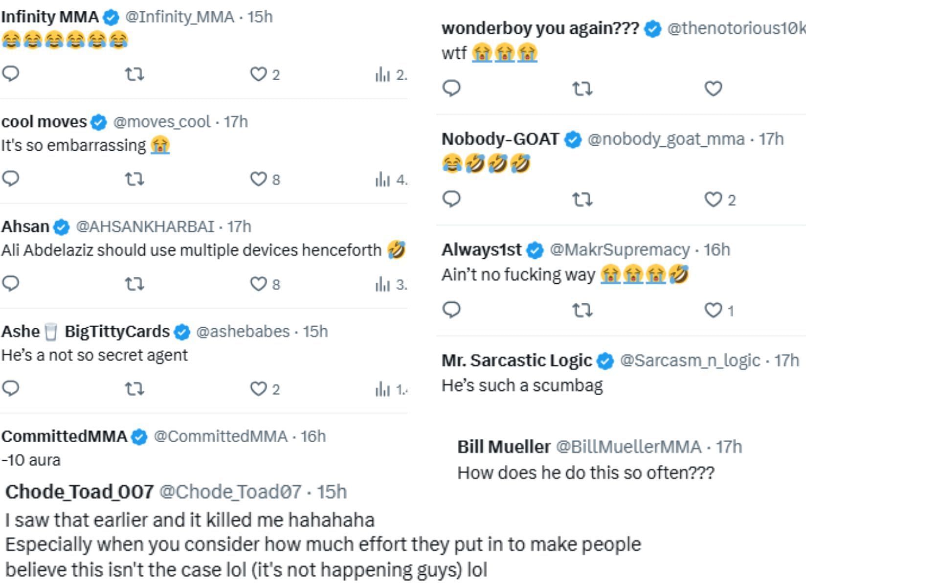 Screenshot of fan reactions to Ali Abdelaziz appearing to control Umar Nurmagomedov&#039;s account