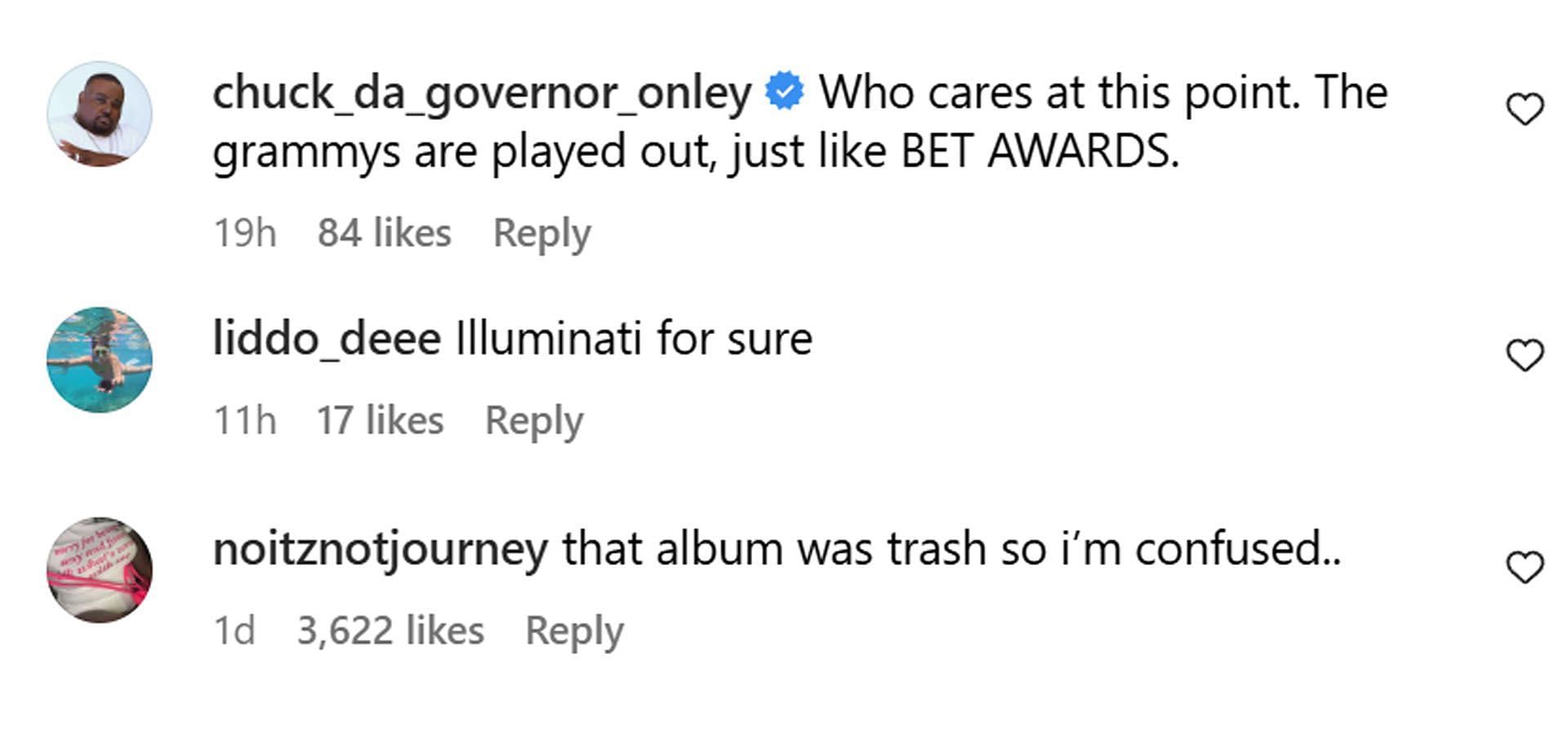 Comments reacting to Beyonce&#039;s Grammy nominations. (Image via Instagram/ @theshaderoom)