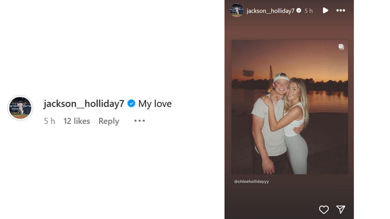 Screenshots of Jackson Holliday&#039;s comment and Instagram Story (Image 1 from - Instagram.com/@chloehollidayyy, Image 2 from - Instagram.com/@jackson__holliday7 IG Stories)