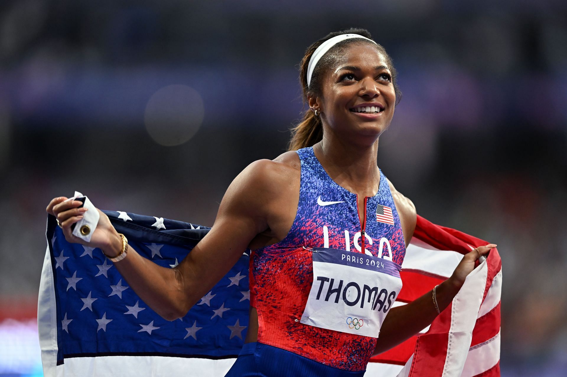 Gabby Thomas after winning gold in the 4x100m relay at the Olympic Games Paris 2024: (Source: Getty)