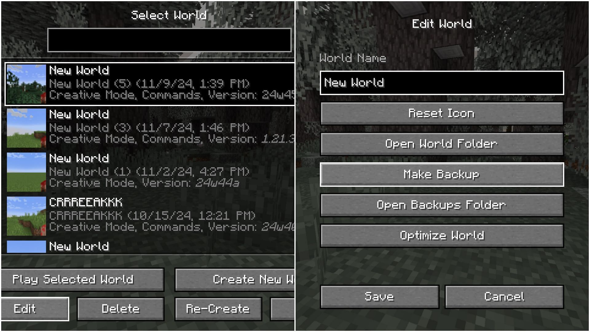 Create a backup of that world (Image via Mojang Studios)