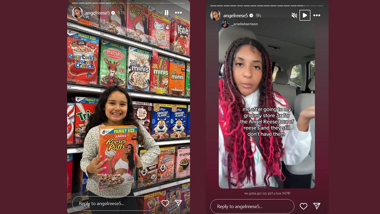 Reese shares a picture of a kid holding Reese puffs on her Instagram story. (Credits: @angelreese5/Instagram)