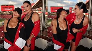 IN PHOTOS: Olivia Culpo twins in red with Claire Kittle for 49ers 20-23 win vs Buccaneers