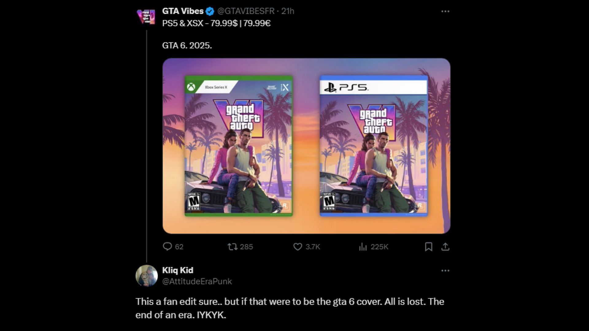 A fan reacts to Grand Theft Auto 6 box art concept (Image via X || @GTAVIBESFR)