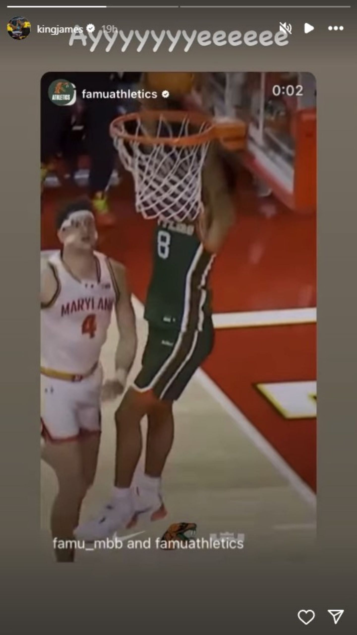 James hyped O&#039;Neal&#039;s dunk against Maryland