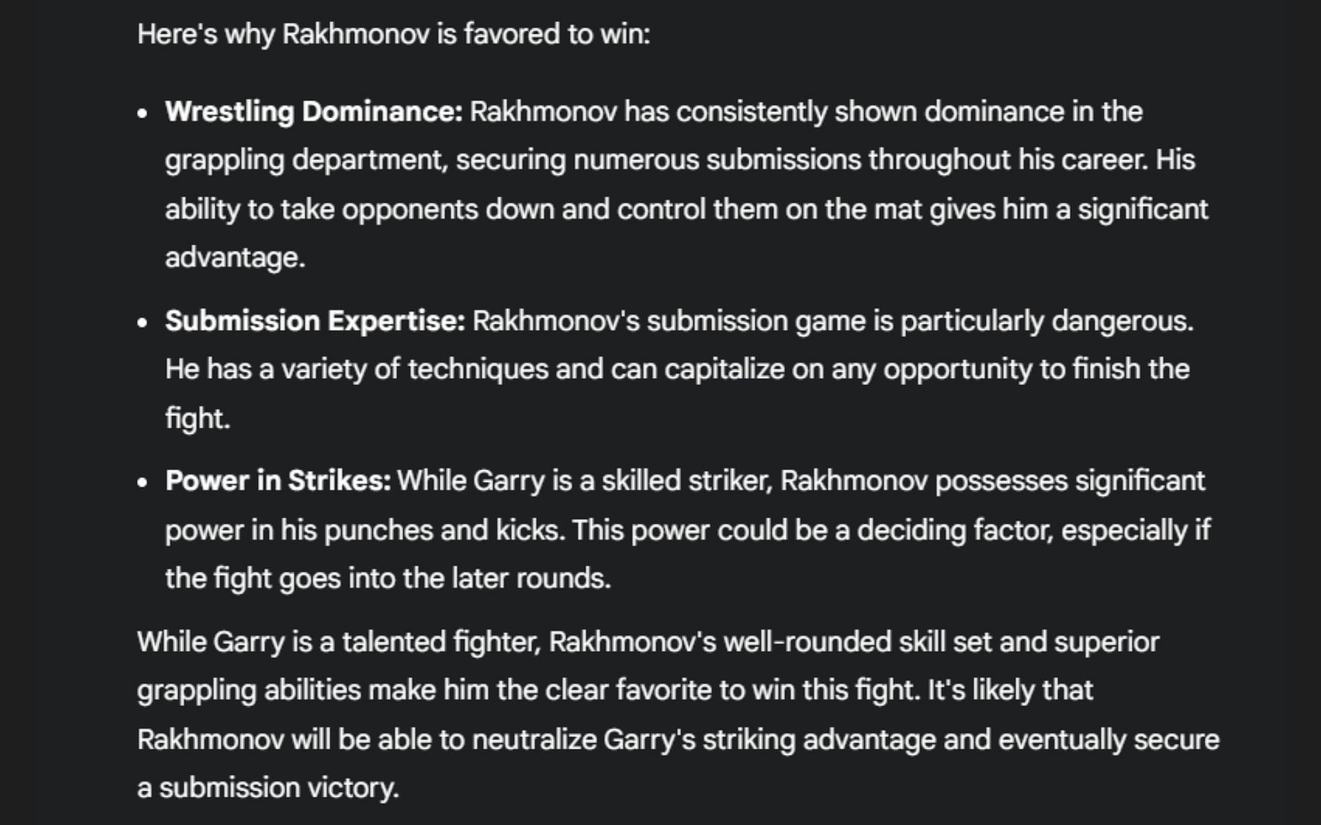 Screenshot of Google&#039;s AI prediction for Shavkat Rakhmonov vs. Ian Machado Garry