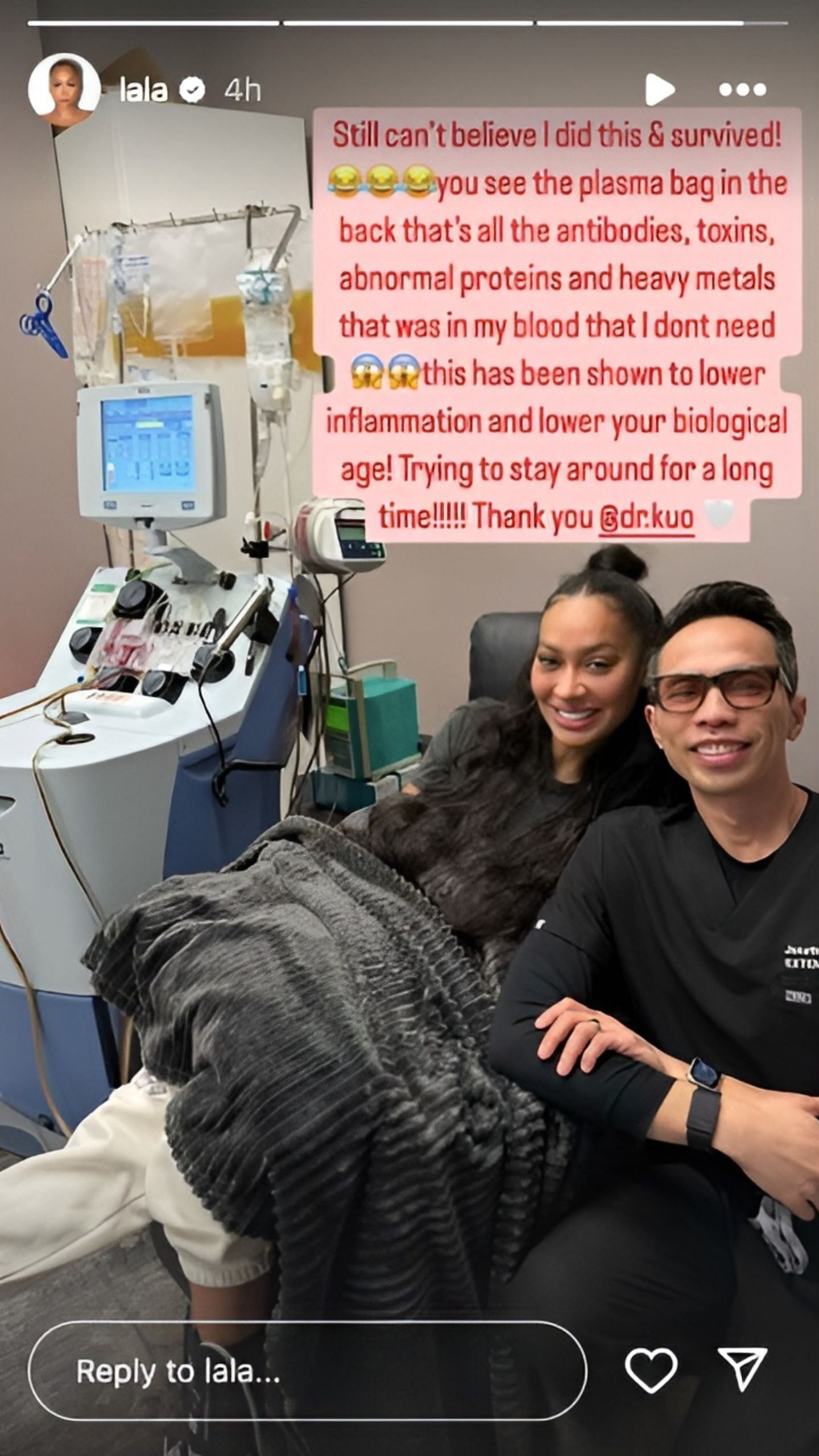 La La Anthony's IG story after therapeutic plasma exchange [Credit: IG/@lala]