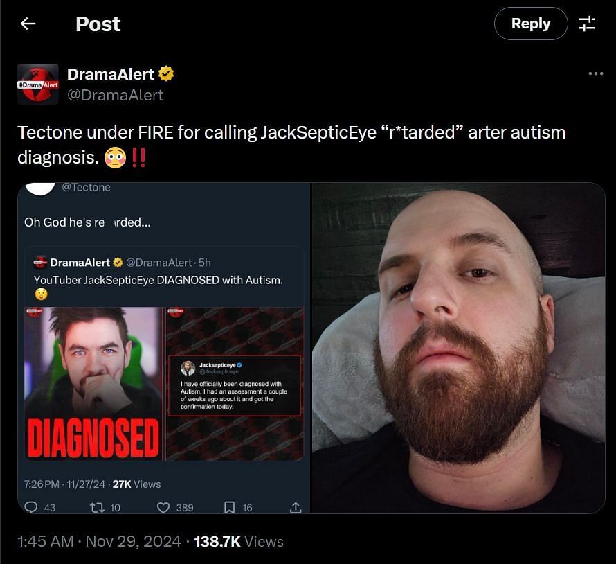 Screenshot of the Twitch streamer&#039;s deleted post about Jacksepticeye on X (Image via @DramaAlert/X)