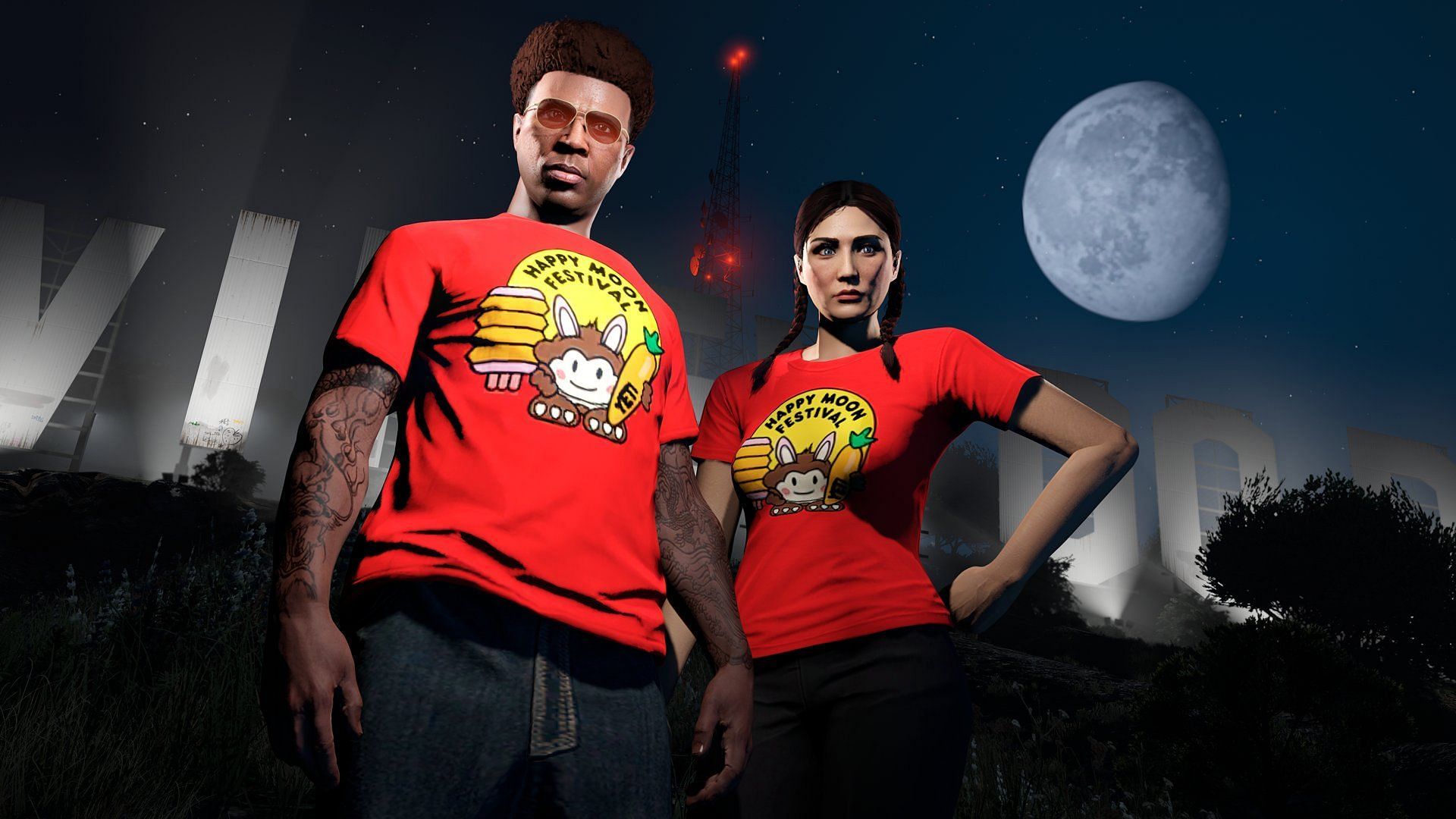 The Red Happy Moon Tee promotional image. (Image via Rockstar Games)