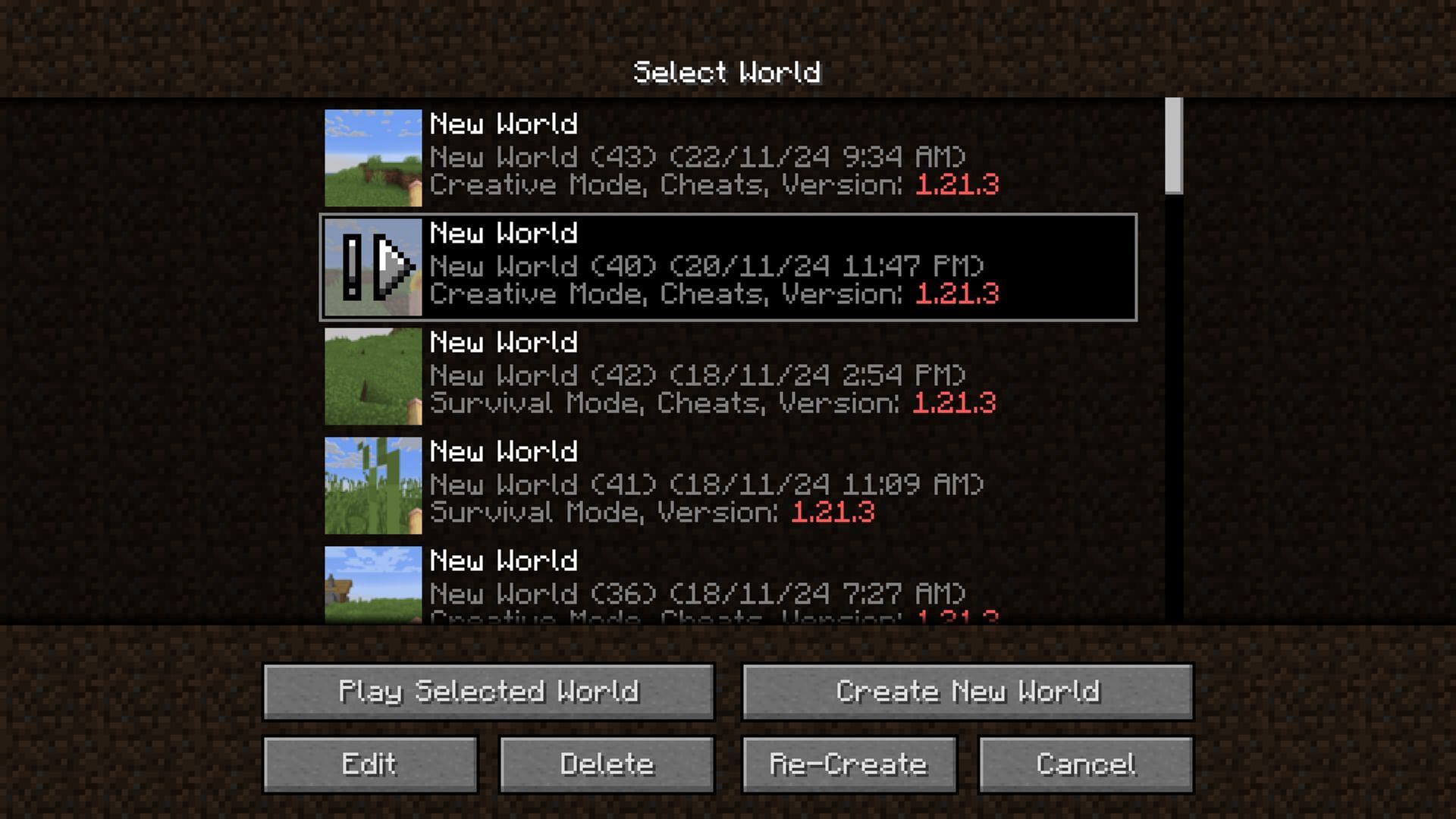 Locate the desired save from the list and load it (Image via Mojang Studios)