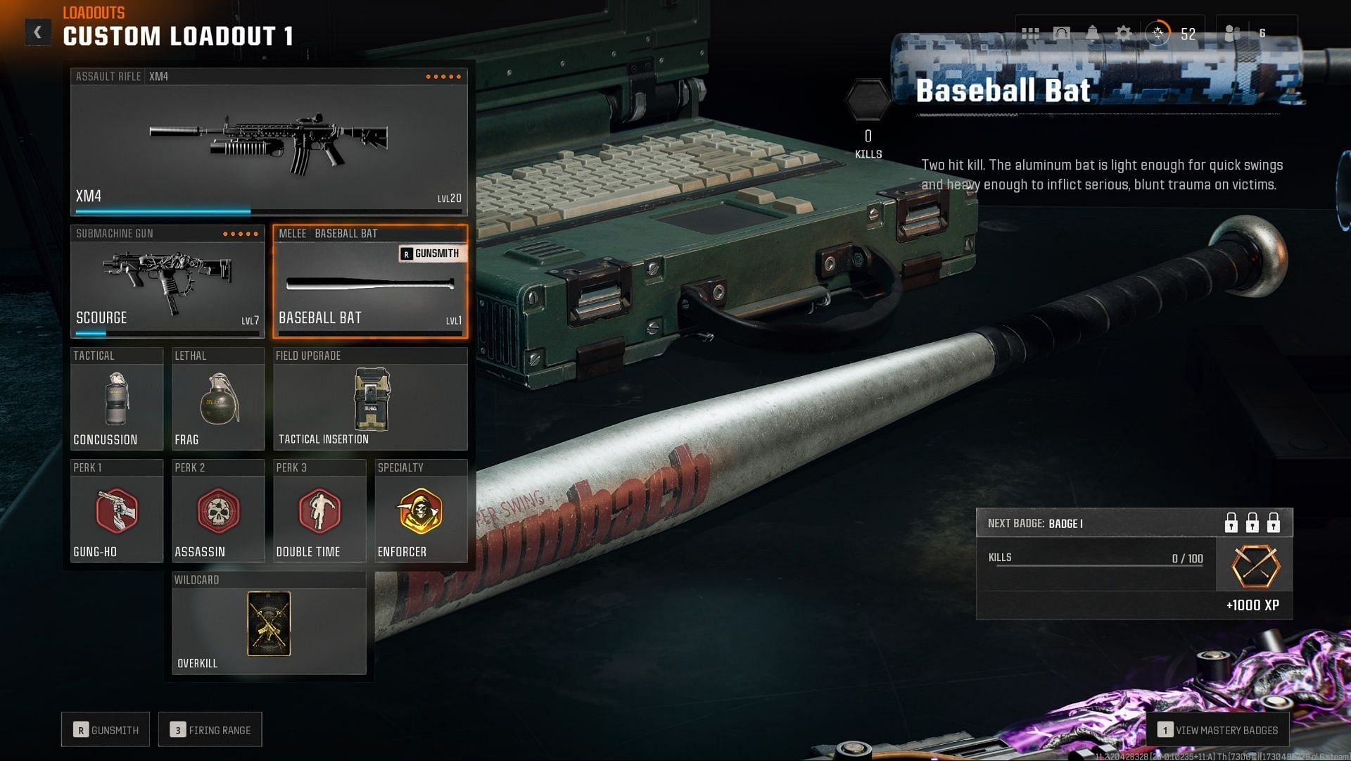 Equipping the Baseball Bat in the loadout (Image via Activision)