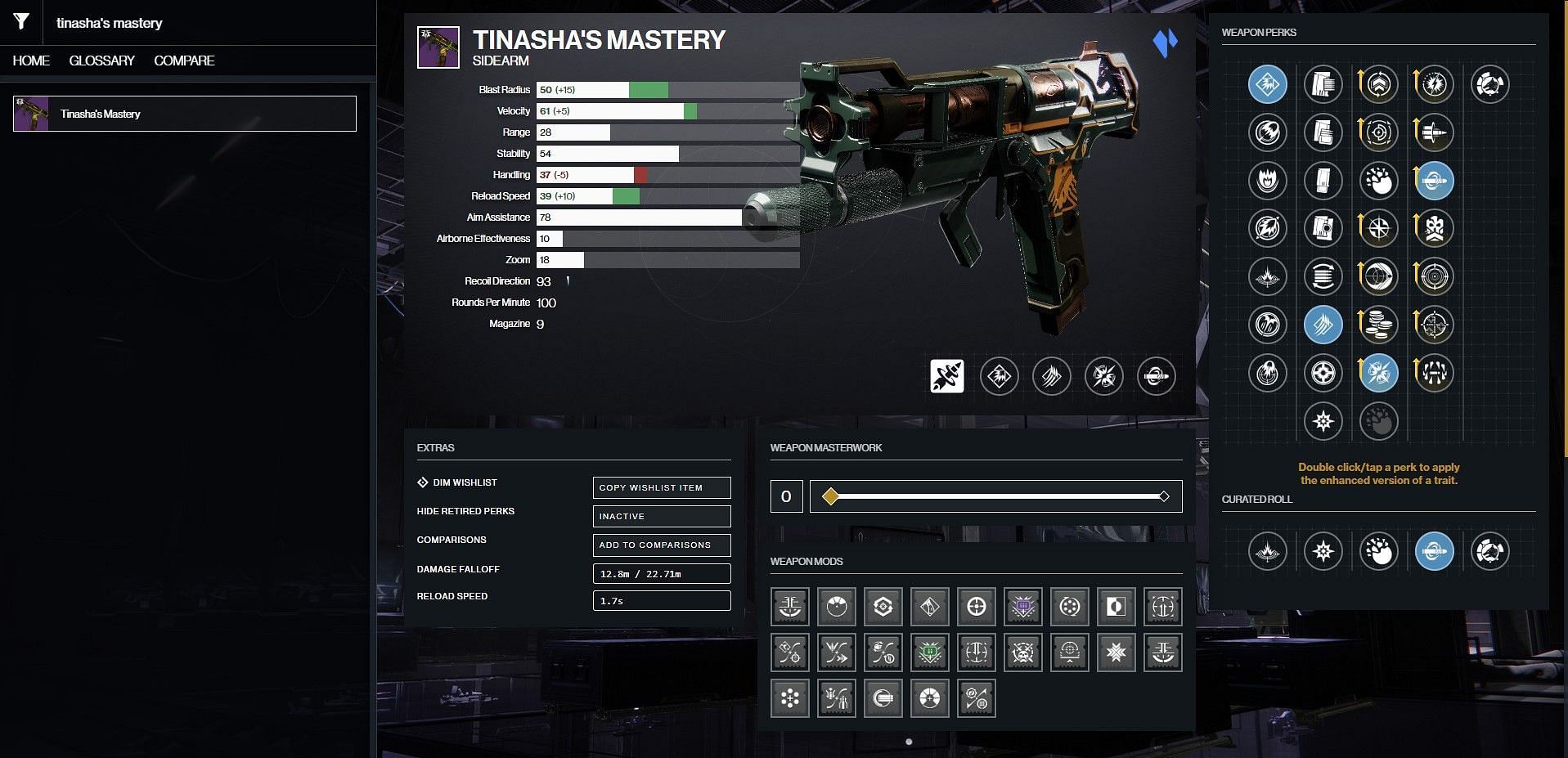 Tinasha&#039;s Mastery PvE god roll (Image via Bungie/D2Gunsmith)