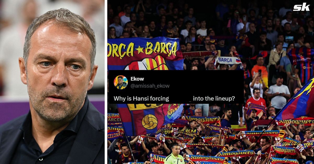 L to R: Barcelona coach Hansi Flick and fans (Images via Getty and X/@amissah_ekow)