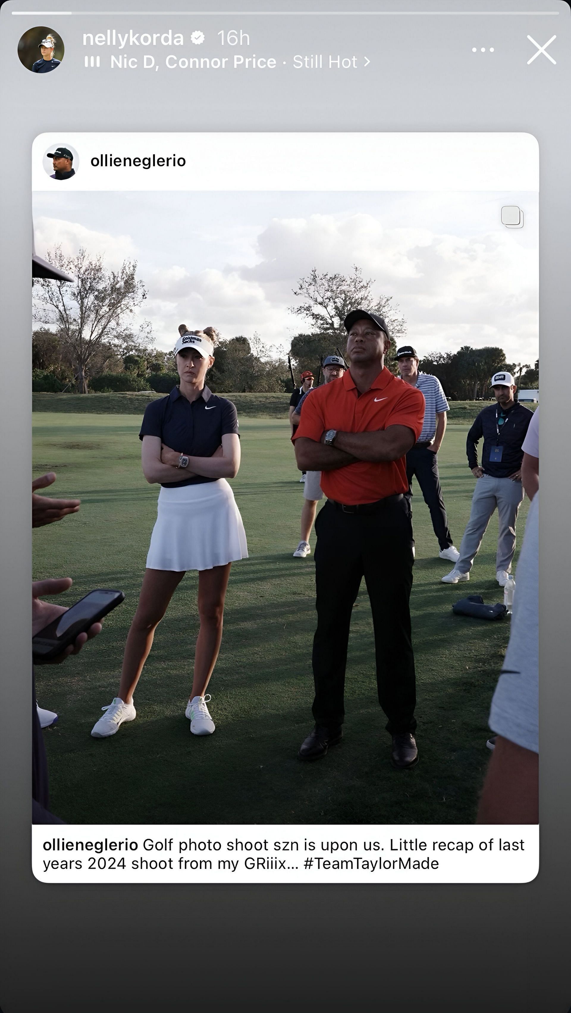 Nelly Korda with Tiger Woods during the TaylorMade shoot. Image via Instagram @nellykorda