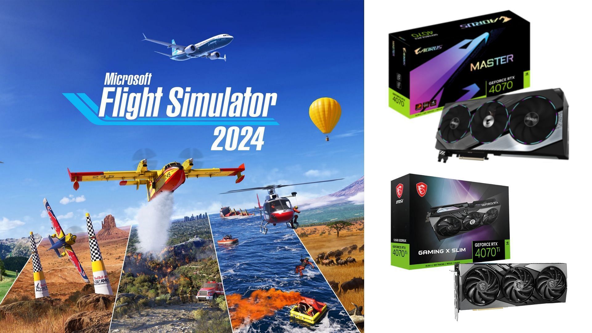 The best Microsoft Flight Simulator 2024 settings for Nvidia RTX 4070 and RTX 4070 Ti (Image via Xbox, Gigabyte, MSI)