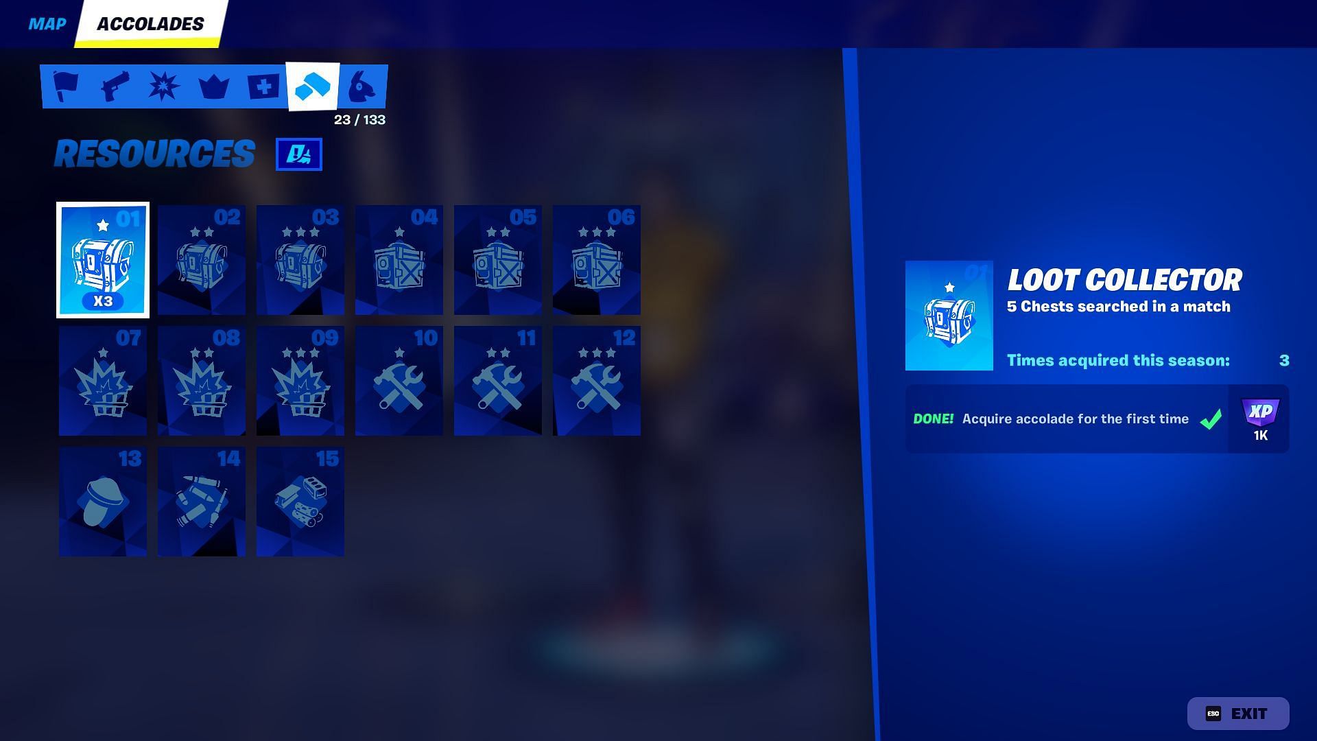 List of all Resources Accolades in Fortnite Chapter 2 Remix (Image via Epic Games)