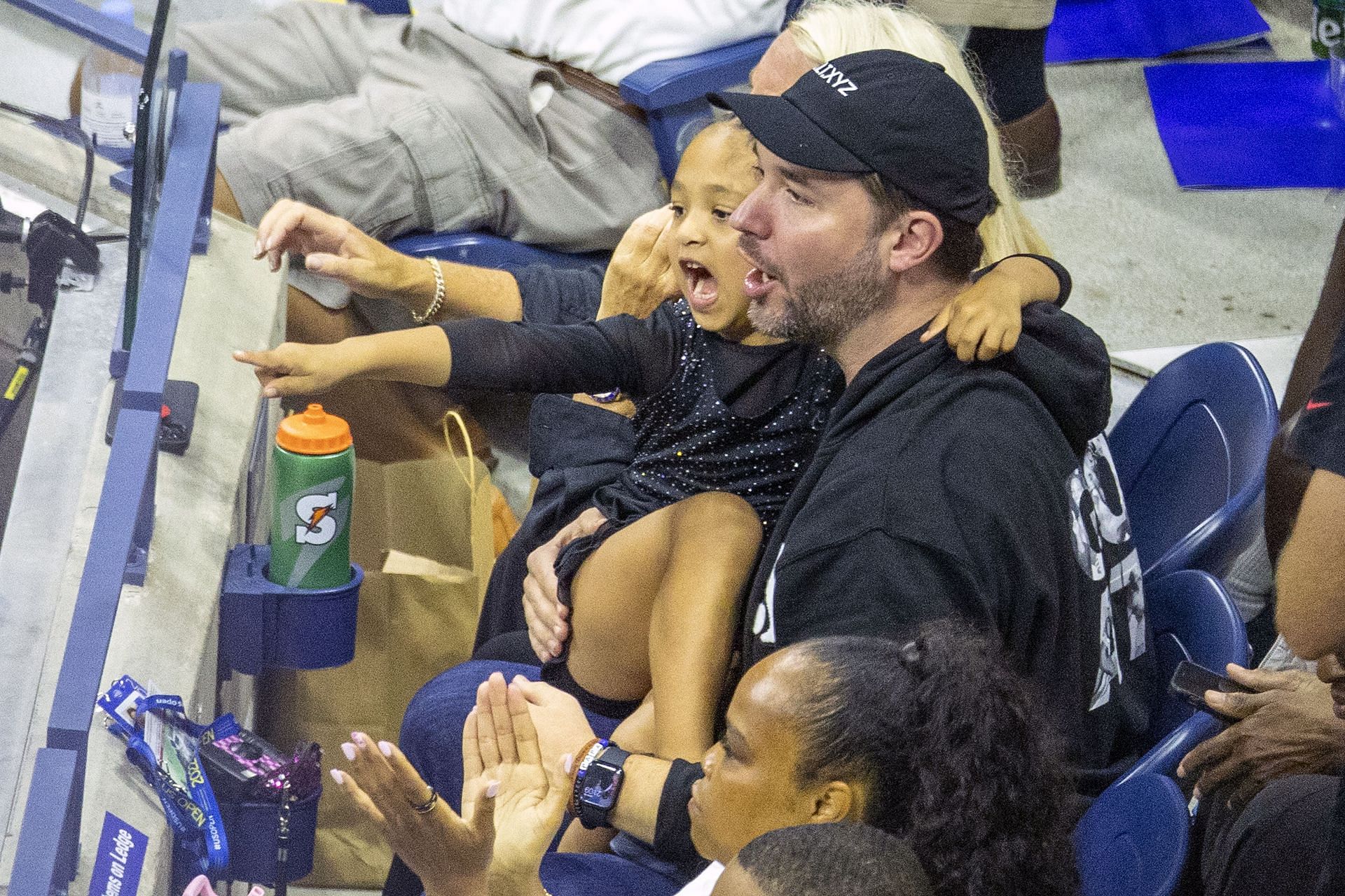 Alexis Ohanian and Olympia cheering Serena Williams on (Source: Getty)