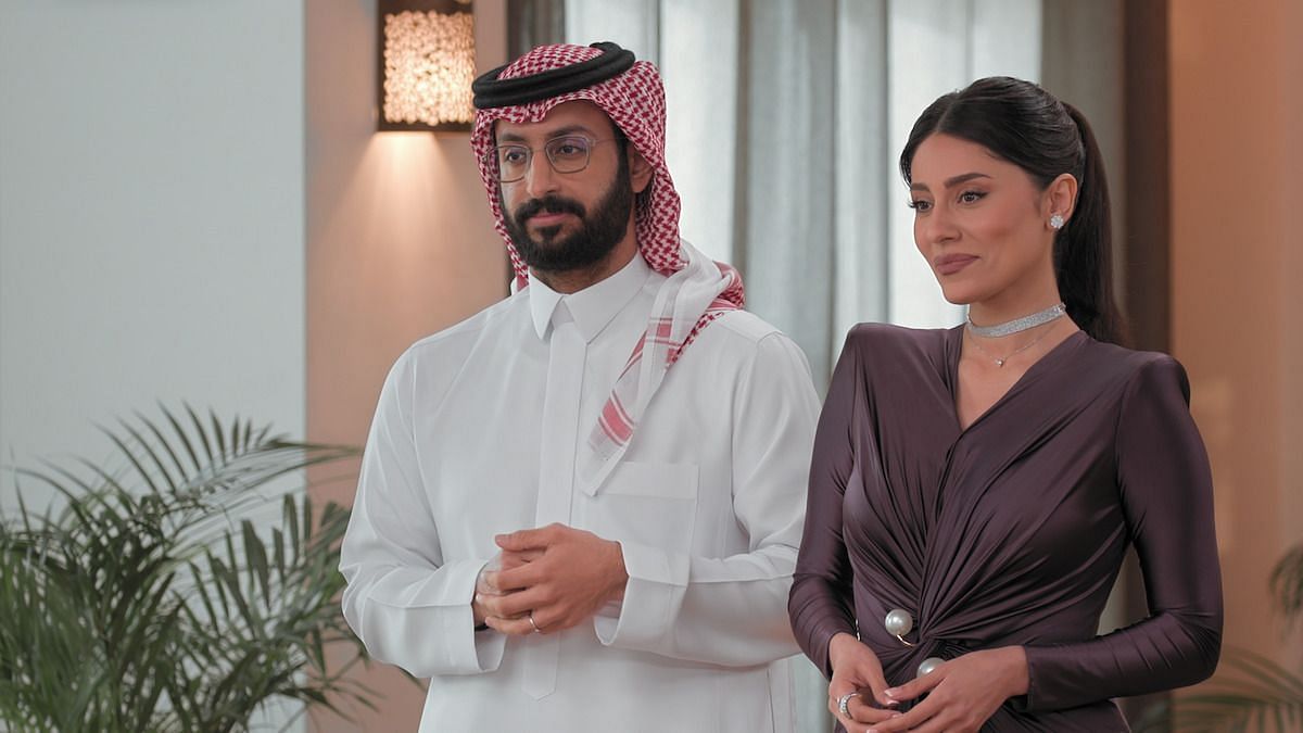 Hosts  Khaled Saqer and Elham Ali from Love is Blind: Habibi (Image via Tudum by Netflix)