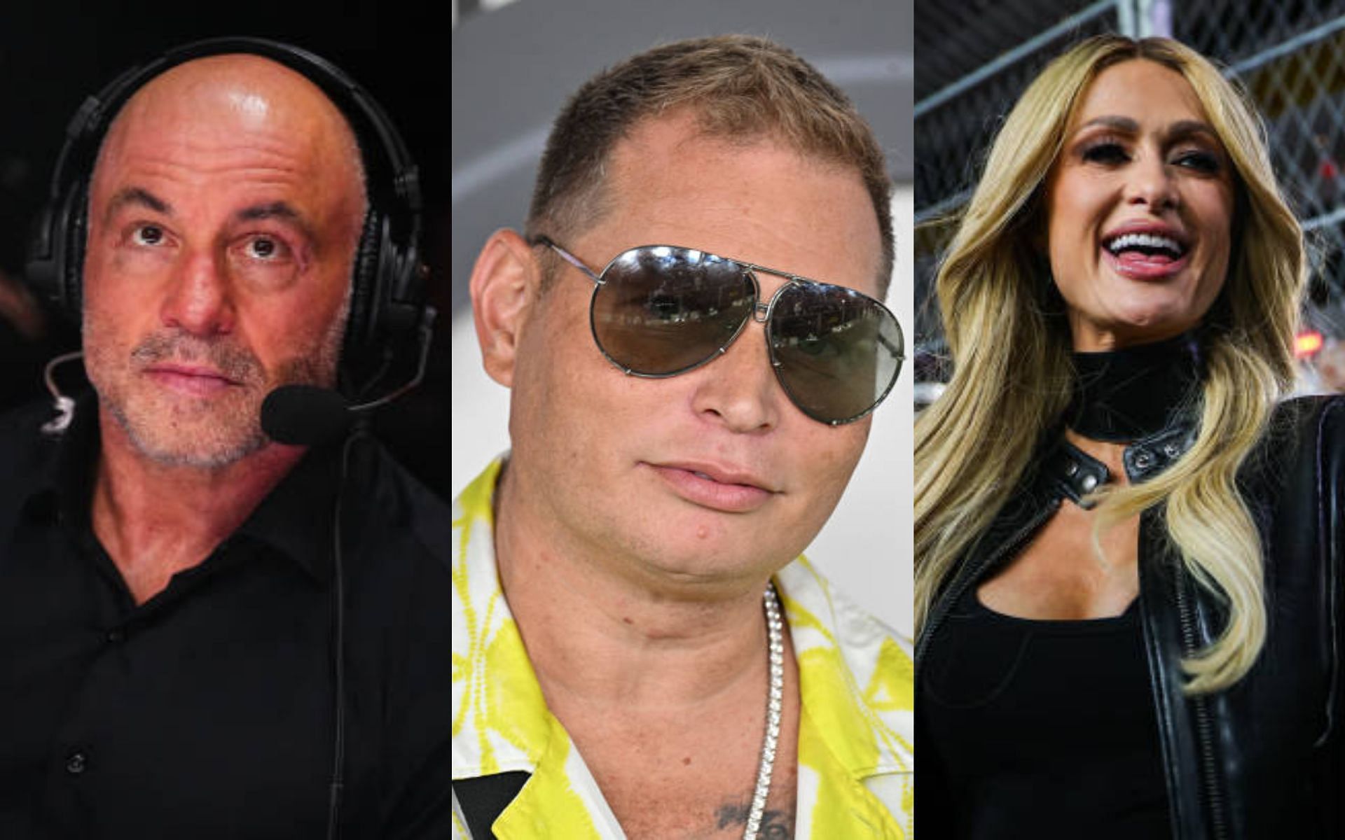 Joe Rogan (left) guest Scott Storch (center) discusses his friendship with Paris Hilton (right) [Image credits: Getty Images]