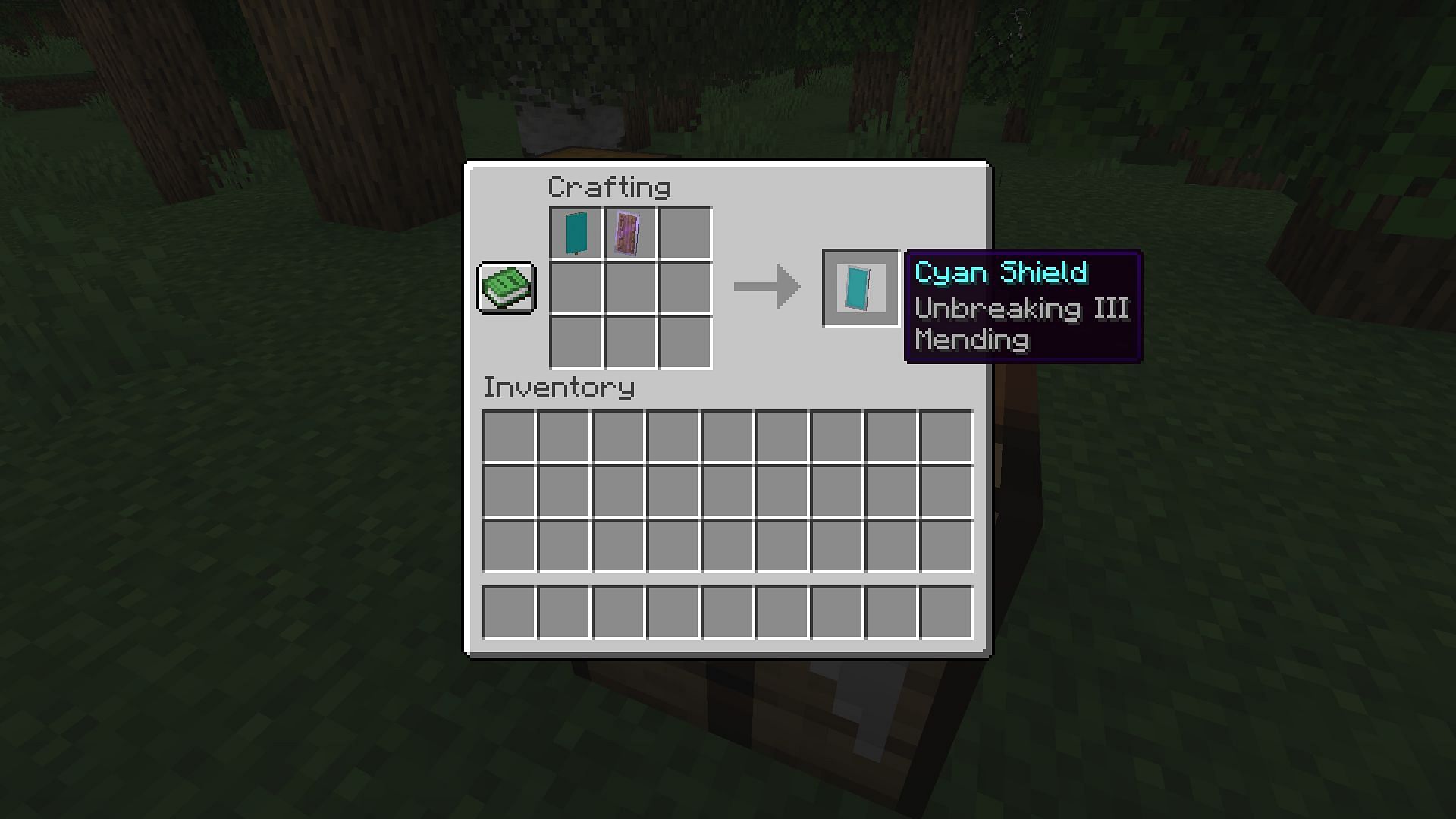 Crafting a cyan shield by combining a banner and shield. (Image via Mojang Studios)