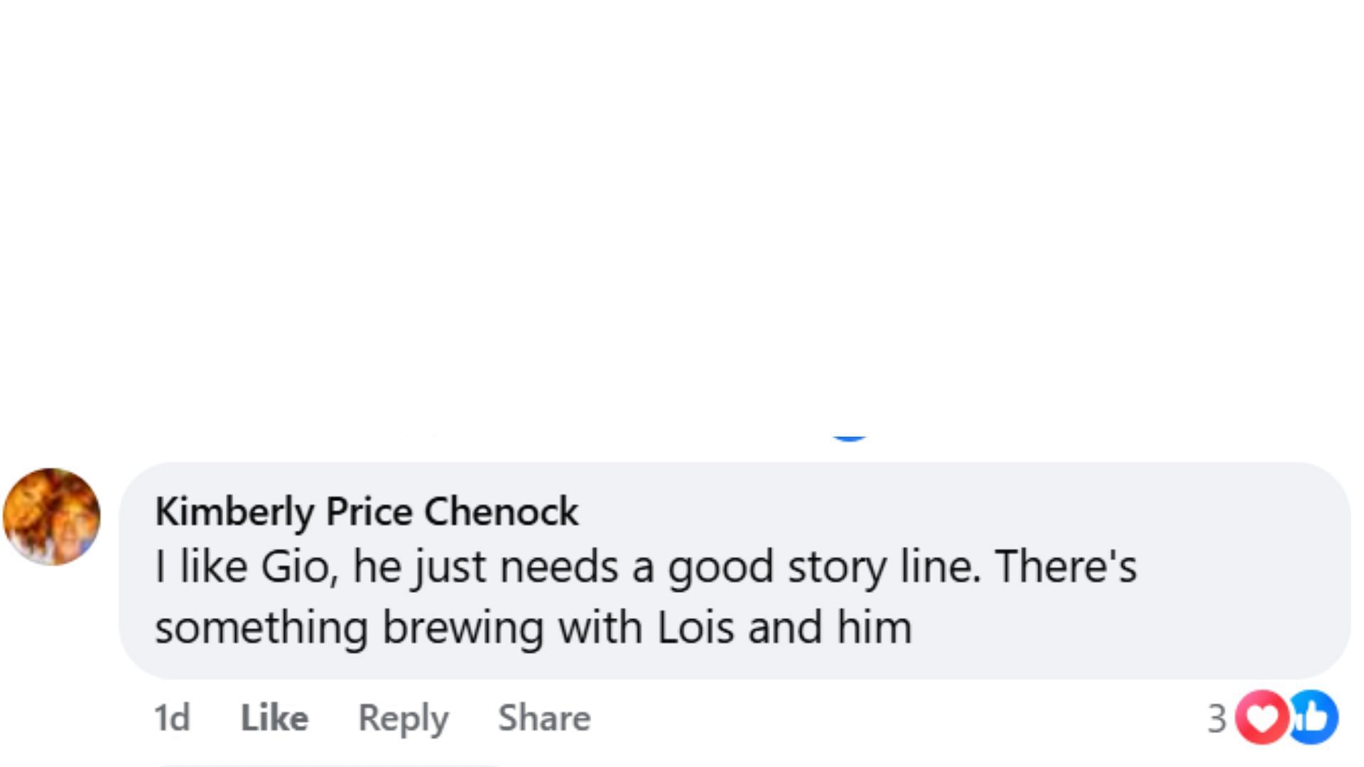 A comment about Gio on a Facebook fan group (Image via Facebook/General Hospital fans-Official/Sydney Summerville-Chavis)