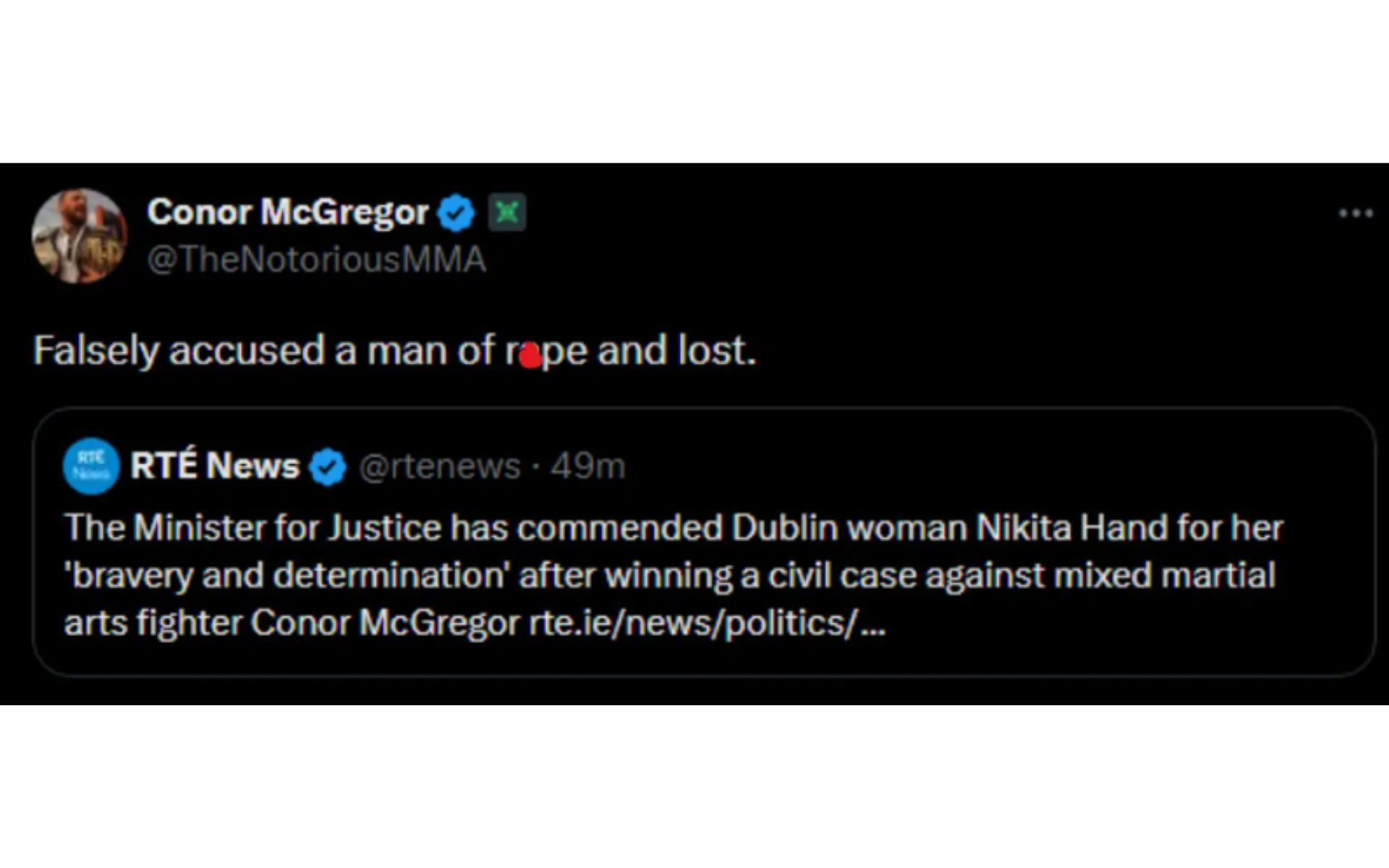 Screenshot of Conor McGregor&#039;s deleted X post