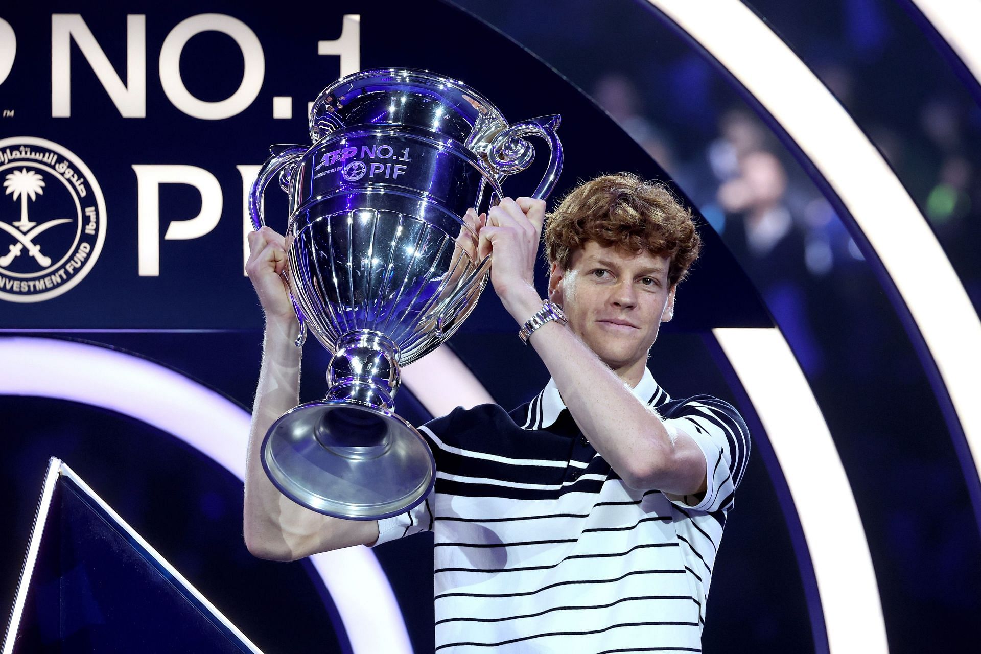 Sinner pictured with his year-end World No. 1 trophy in Turin - Source: Getty