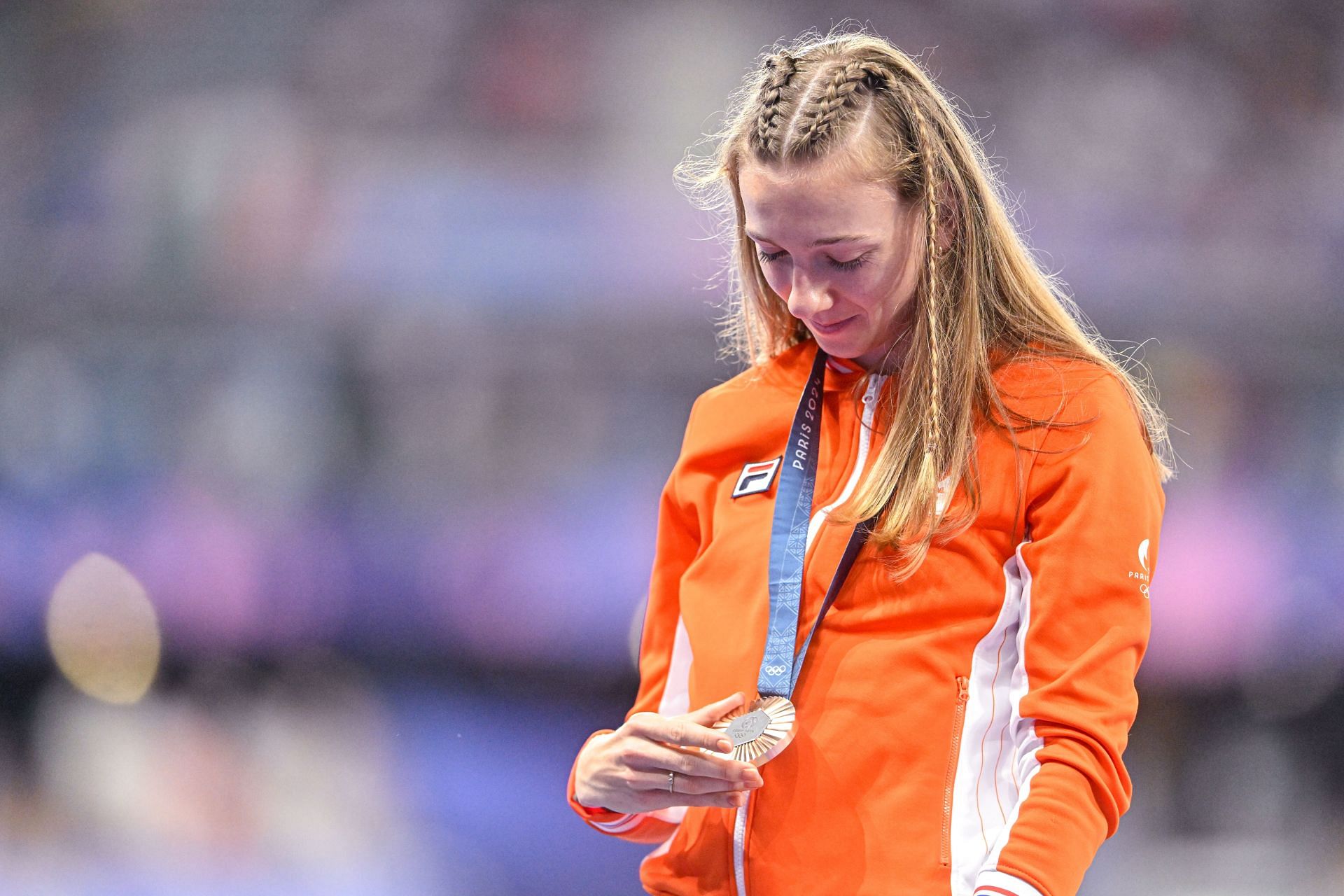 Femke Bol of the Netherlands winner of the bronze medal during the medal ceremony after competing in the Women&#039;s 400m Hurdles Final during the Olympic Games 2024 at Stade de France in Paris, France. (Image Source: Getty)