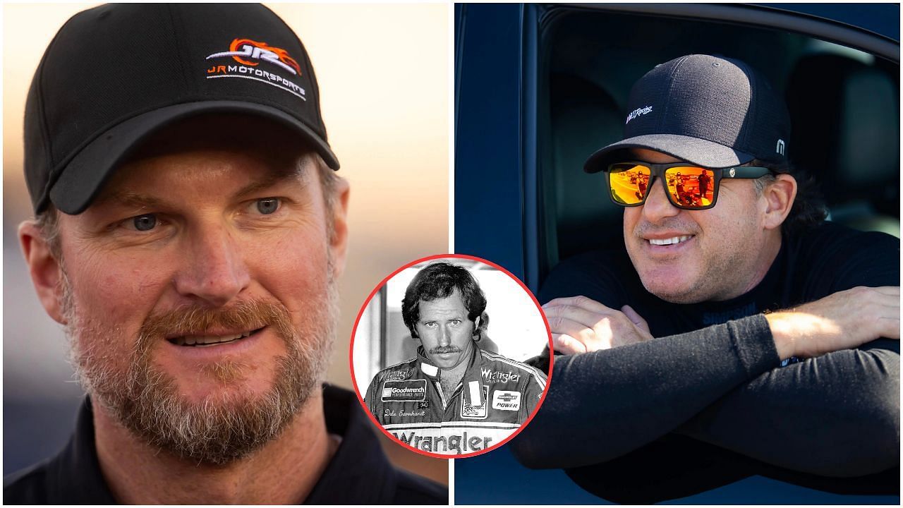 Dale Earnhardt Jr. (L), Tony Stewart (R) and Dale Earnhardt Sr. (inset) [via IMAGN, Getty]